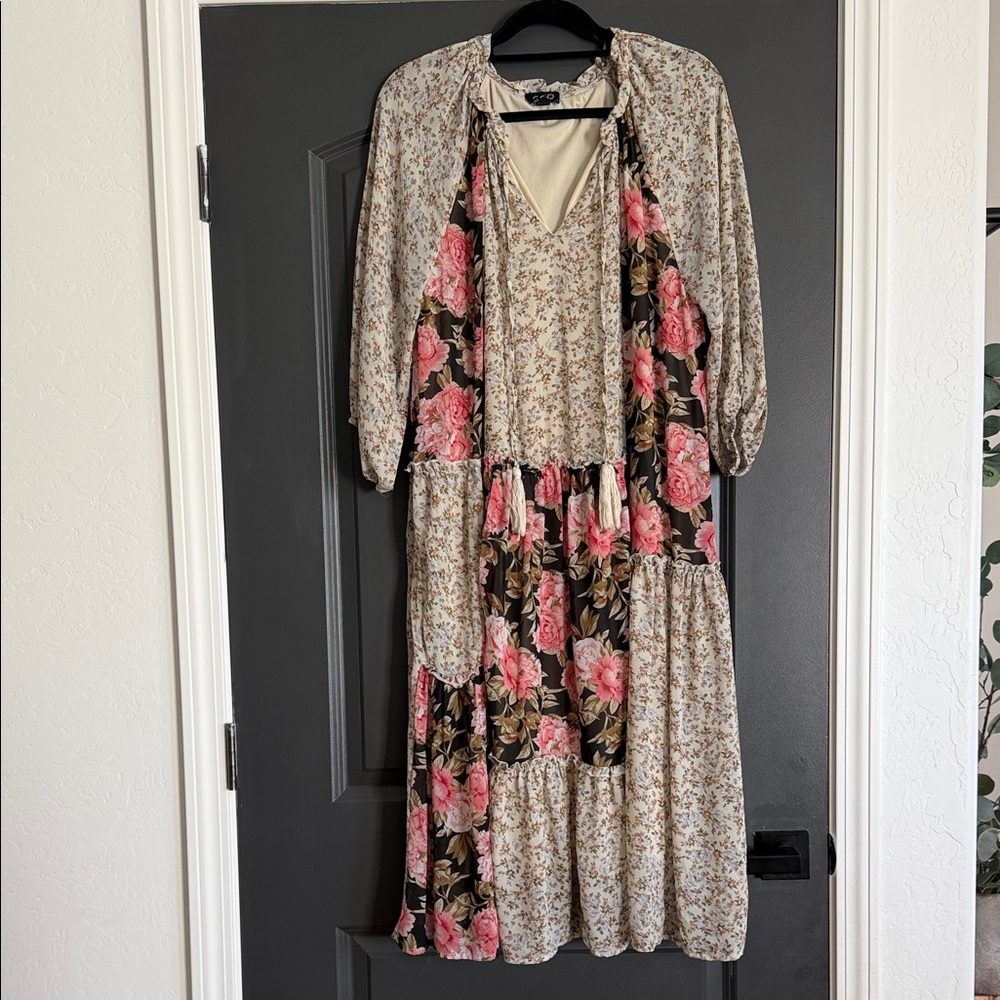 Boho Patchwork Floral Midi Dress in Pink and Cream